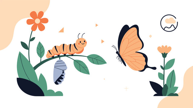 Educational scene showing the life cycle stages of an orange butterfly from caterpillar to cocoon on a flowering plant.