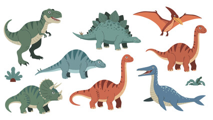 Obraz premium Set of various colorful dinosaur illustrations including tyrannosaurus rex, stegosaurus, triceratops, and pterodactyl.