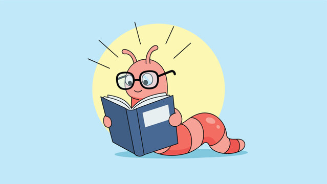 Cute pink worm wearing glasses sits and reads an interesting blue book with a bright yellow circle in the background.