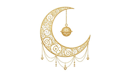 Golden crescent moon with hanging planet and decorative chains © S.Siam