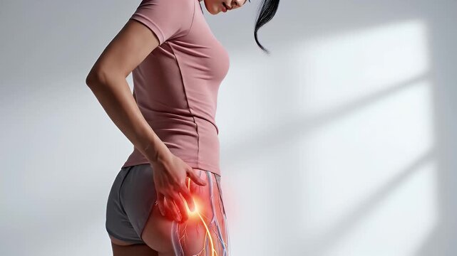 East Asian Woman in Blush Pink Shirt and Gray Shorts Gesturing Towards Sciatic Nerve Pathway Overlay Against White Background