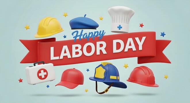 Happy labor day 3d illustration with various professional hats and medical kit