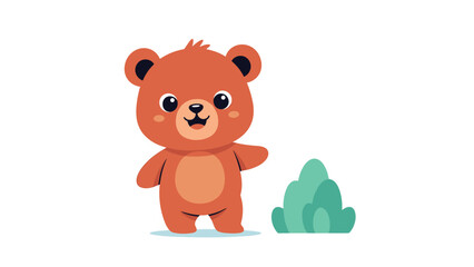 Fototapeta premium Cute brown bear cub with large ears and a friendly smile stands in a field next to a green bush on a bright sunny day.