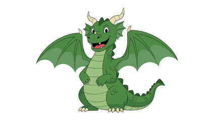 Fototapeta premium Friendly green cartoon dragon with large wings and horns standing and smiling in a cheerful pose on a plain white background.