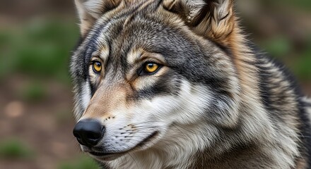 Fototapeta premium Close-up of a majestic wolf's face, with piercing yellow eyes, focused gaze, and detailed fur