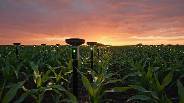 Smart agriculture sensors monitoring green corn plants in a rural field during a golden sunset for precision farming technology integration