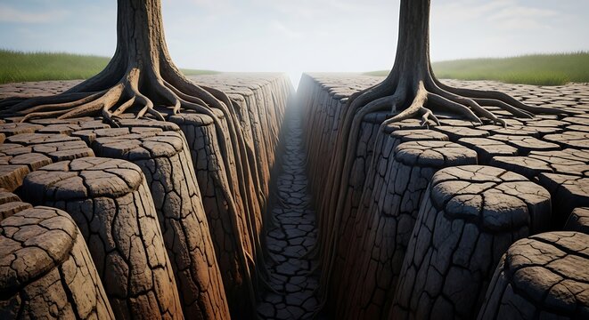 Tree Trunks with Exposed Roots and Cracked Soil.