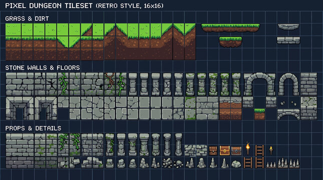 Pixel Art Dungeon Tileset for Retro Game Development