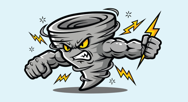Angry Tornado Character Holding Lightning Bolt.