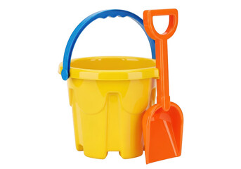 Bright yellow children's sand bucket with colorful shovel and rake set © Pawlina