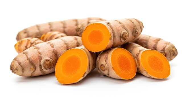 Fresh turmeric root close up of sliced and whole rhizomes on white backdrop