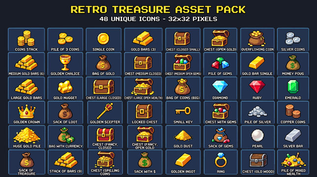 Pixel Art Treasure Icons for Retro Game Asset Collection