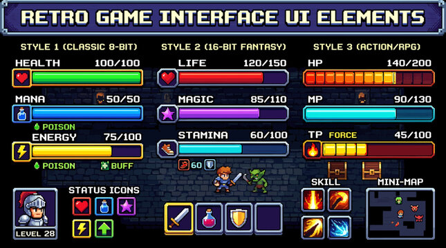 Pixel Art Retro Game UI Elements for Digital Projects