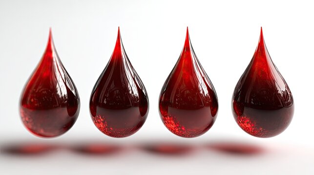 Four red liquid droplets with a teardrop shape are lined up on a white background