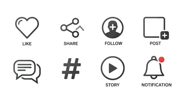 Social media interaction icons set featuring graphic symbols for sharing content and engaging with digital followers