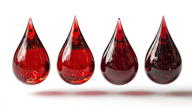 Four red teardrop shaped objects are arranged in a row on a white background