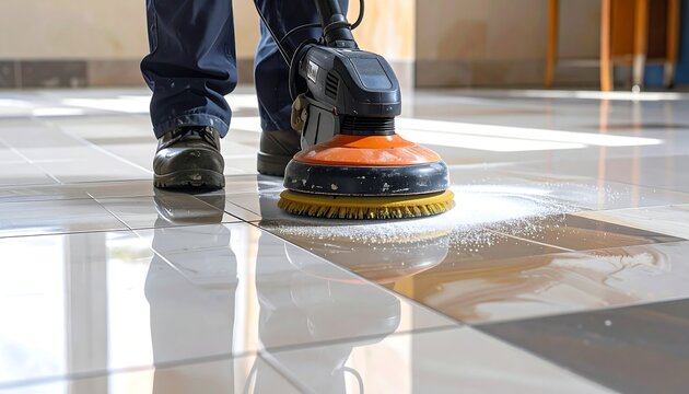 A person cleaning a shiny tiled floor with a machine (2)
