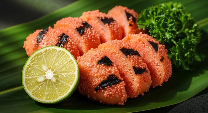 Close-up of seasoned seafood dish with a vibrant garnish and lime, presented on a leaf