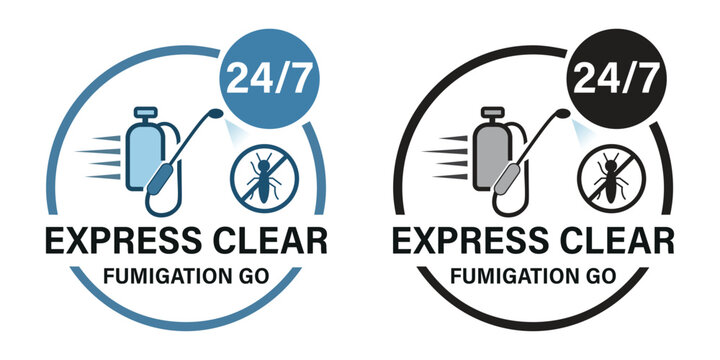Fumigation Logo Featuring 24-7 Pest Control Services with Sprayer Tank and Termite Warning Icons for Professional Extermination Branding