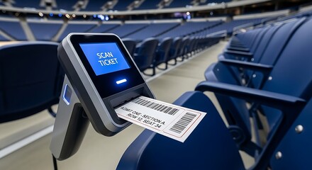 Fototapeta premium Close-up of ticket scanner in stadium with blue seats, scanning ticket