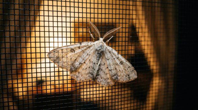 Moth resting on a screen, illuminated by warm light, close up.
