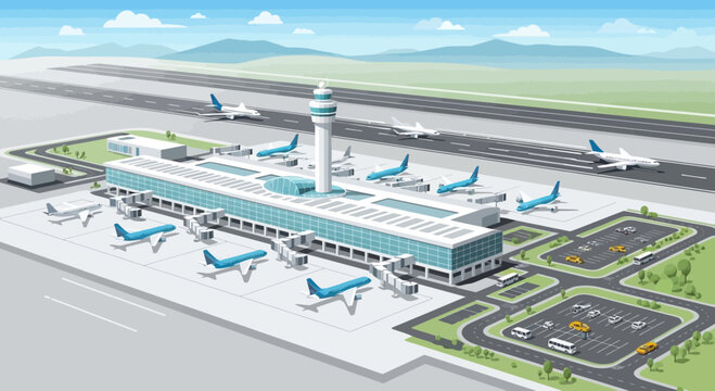 Modern Airport Terminal with Airplanes, Control Tower, and Runway - Aerial View