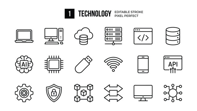 Collection of technology icons including computer and mobile devices  cloud and database storage  ai and api  security and network icone set