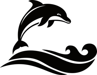 Fototapeta premium Dolphin icon featuring jumping marine mammal with ocean wave symbol in black style. Aquatic animal silhouette represents nature sea life and summer vacation. Vector illustration.