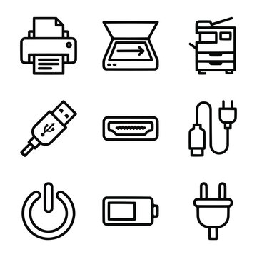 Professional Office Electronics and Computer Hardware Accessories Line Icon Set - Digital Peripheral and Power Symbols Vector Illustration