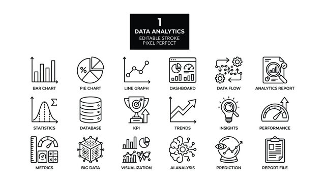 Data analytics icons set for business intelligence and statistics  various editable stroke pixel perfect graphics icone set