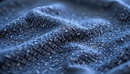 A close up view of a fabric with an intricate texture that resembles black sand, suggesting a sense of depth and complexity. The fabric fills most of the frame, creating a dominant visual element.