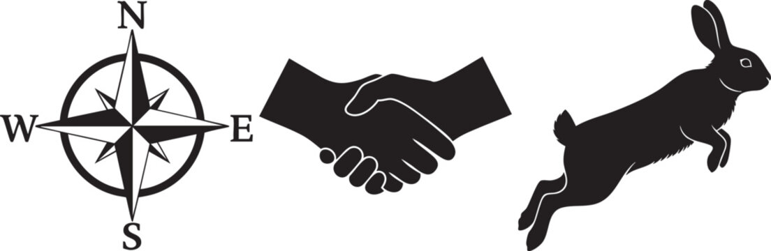 Minimalist black icon set with nautical compass rose, business handshake, and jumping rabbit silhouette, 3 vector elements isolated PNG with Transparent Background