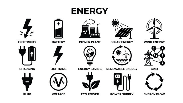 Energy concepts and sources icons set including electricity solar wind and renewable energy  various power related symbols icone set