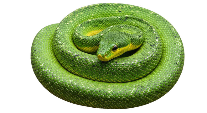 A vibrant green tree python tightly coiled in a resting position. Isolated on a transparent background