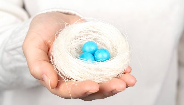 Beautiful conceptual spring easter composition featuring small blue speckled eggs in a white spun nest.