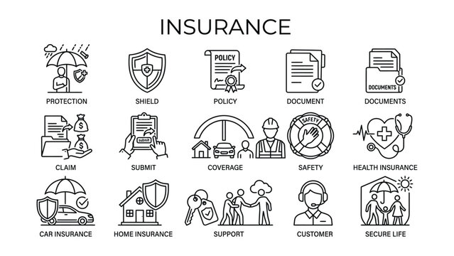 Insurance icons set with protection shield policy and coverage concepts  various insurance related symbols icone set