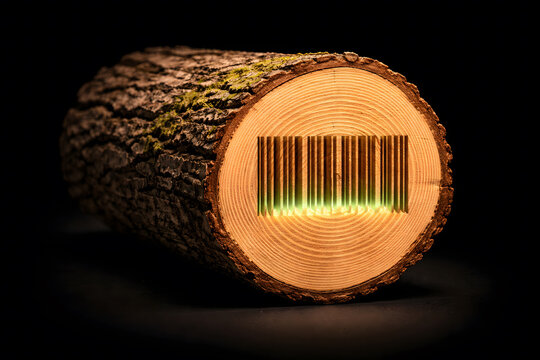 Conceptual image of a wooden log with a glowing golden barcode on its cross-section. Symbolic of nature's commercialization, timber industry tracking, and wood sustainability.