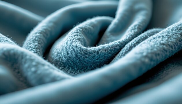 An indoor setting featuring a bed with textured sheets and a rolled up white towel. The bedspread has a blue hue.