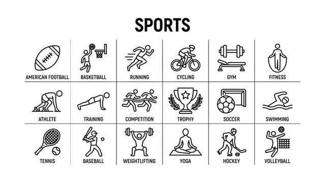 Line icons of various sports and fitness activities on white background  sports icons set icone set