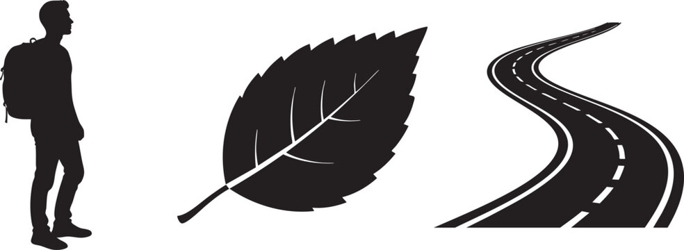 Silhouette of a traveler with a backpack standing beside a leaf and a winding road on a white background