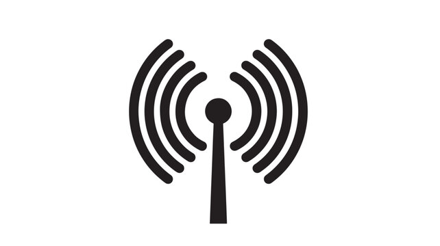 Antenna radio signal icon with curved broadcast waves and a vertical transmitter post on white background
