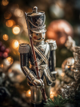 Meticulously Crafted Silver Toy Soldier Ornament Standing Guard Amongst Festive Holiday Decorations