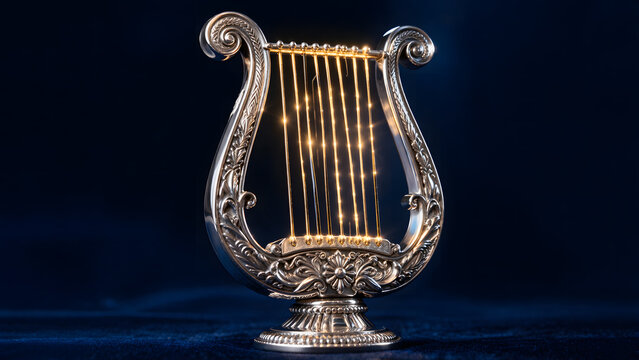 Exquisite silver lyre with glowing golden strings on a dark blue velvet background. Conceptual image of classical music, divine harmony, ancient Greek art, and luxury beauty.