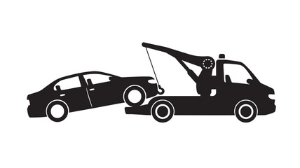 Naklejka premium Tow truck icon with black silhouettes and rope hook details beside car service illustration featuring vehicle assistance, roadside help, flatbed with