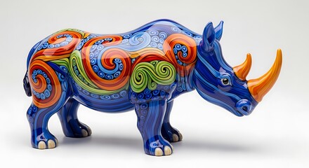 Obraz premium Colorful ceramic rhino figurine with elaborate swirling patterns and vibrant hues