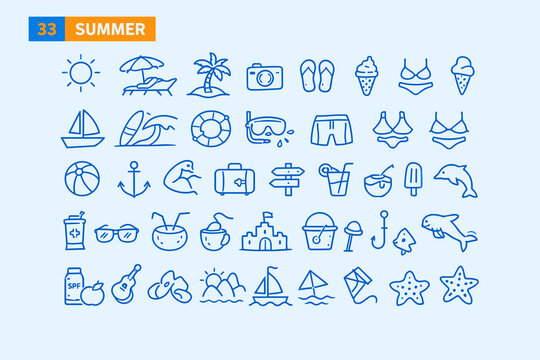 Vector line icons for summer vacation, beach holidays, travel, and leisure. Essential collection of tropical activities and seaside symbols