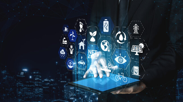 Net zero and sustainability concepts with environmental balance, digital sustainability icons, green energy goals, and eco-conscious digital business transformation for the future. Entice