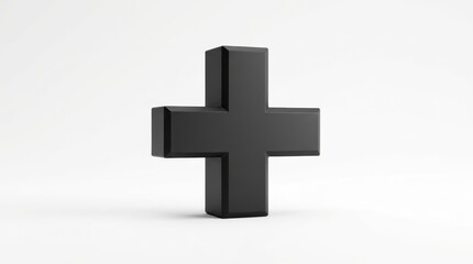Fototapeta premium A bold black 3d plus sign symbol standing isolated on a clean white background in a minimalist studio photography style.