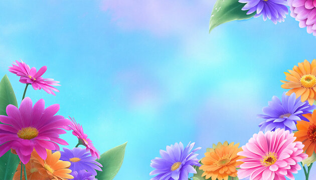 Pink cosmos flowers blooming in blue sky animation. Experience the beauty of spring with a vibrant field of blooming tulips. The colorful flowers against a clear blue sky make a stunning visual,