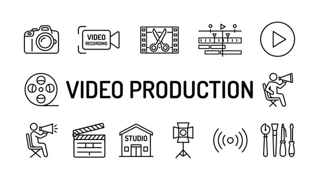 Video production icons set with various filmmaking related symbols and objects  video recording tools and equipment icone set